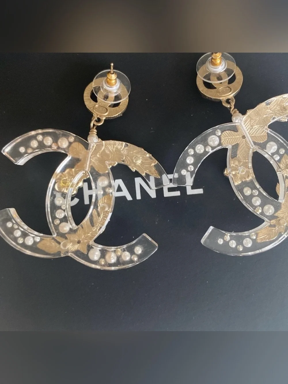 Double C Acrylic Logo Ornate Gold- Tone Star ⭐️ and Pearl Accent Dangle Earrings